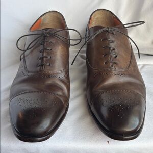 Santoni Brown Leather Cap Toe Medallion Oxford Dress Shoes Men’s 10 D Italy